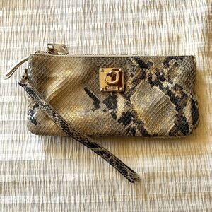 VTG Y2K DKNY Genuine Leather Embossed Snakeskin Gold Zip Wristlet Wallet Clutch